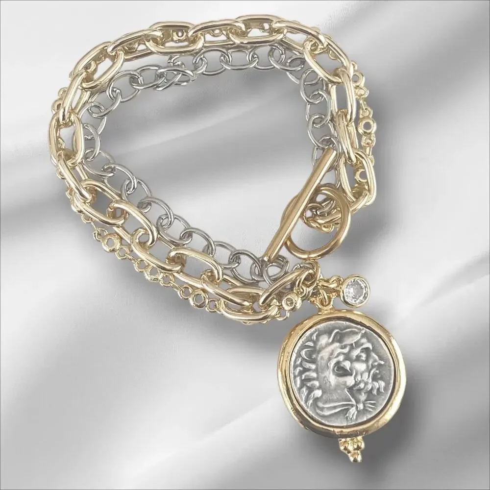 Triple Layer Greek Coin Bracelet, Horse Coin Charm, Mixed Metal Bracelet - Picture 7 of 9